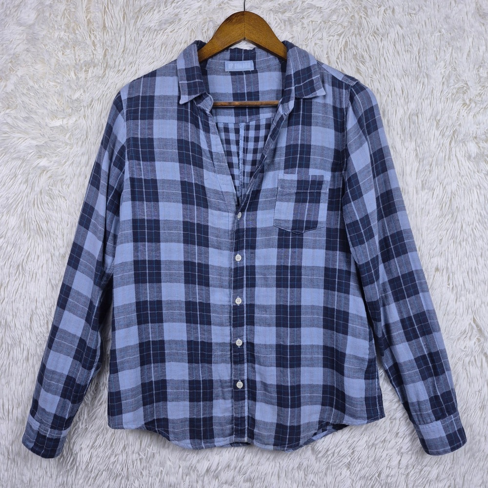 CP Shades Blue Plaid V-Neck Button Down Shirt Small Long Sleeve Made in USA
